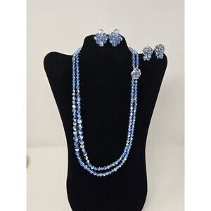 VINTAGE SHERMAN BLUE FACETED BEAD NECKLACE 2 CLIP ON EARRINGS FASHION JEWELRY